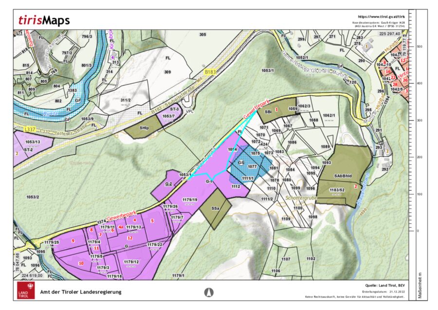 Variable Flächenvergabe! Gewerbegrundstück südlich von Innsbruck im Gewerbepark Mieders – Tiris Auszug Widmung Gst. 1054 — Seite 1 von 1