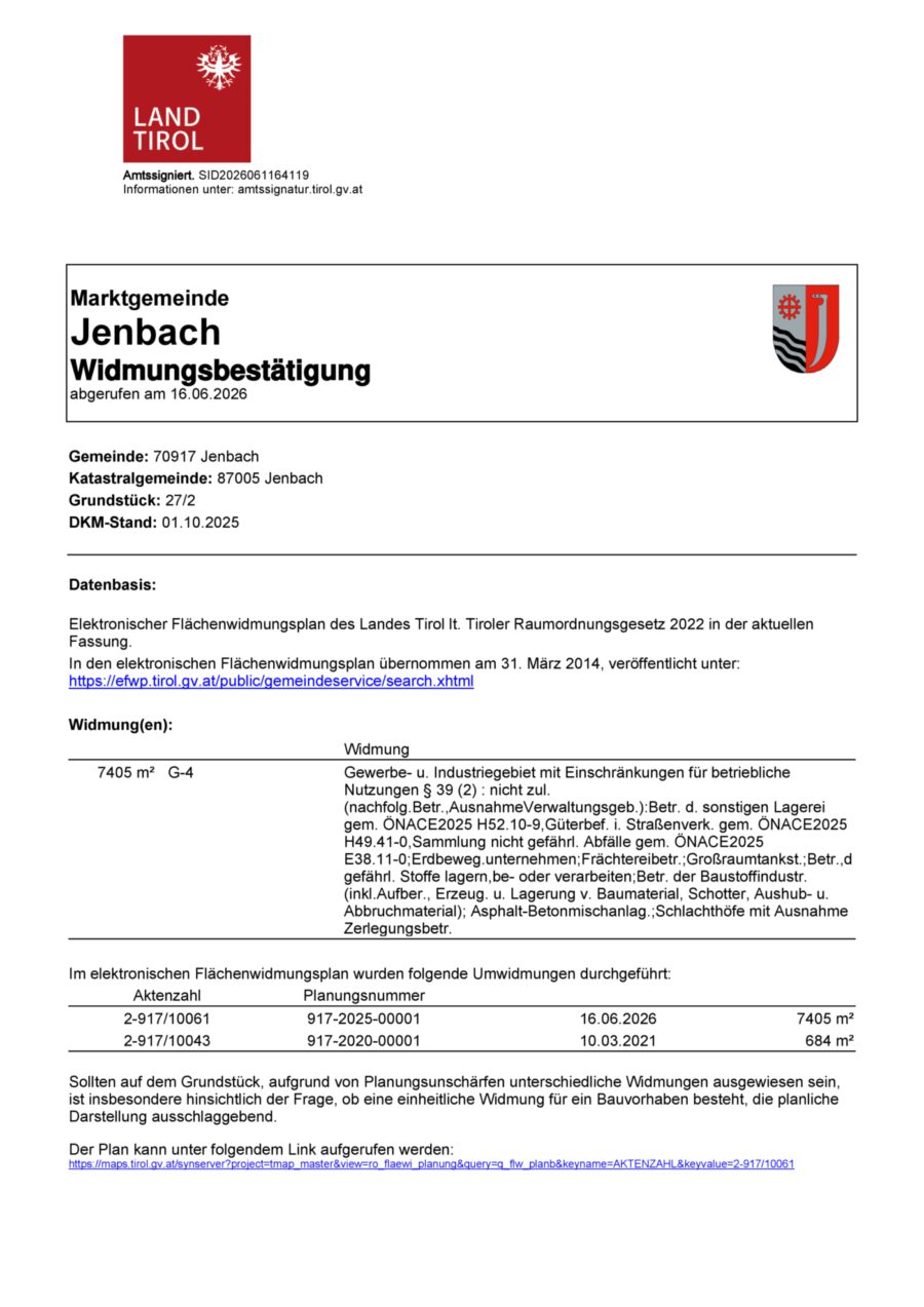 Teilflächen-Vergabe! Ideales Baugrundstück in 6200 Jenbach, Nähe Autobahnanschluss A12 – Widmungsbestätigung — Seite 1 von 2