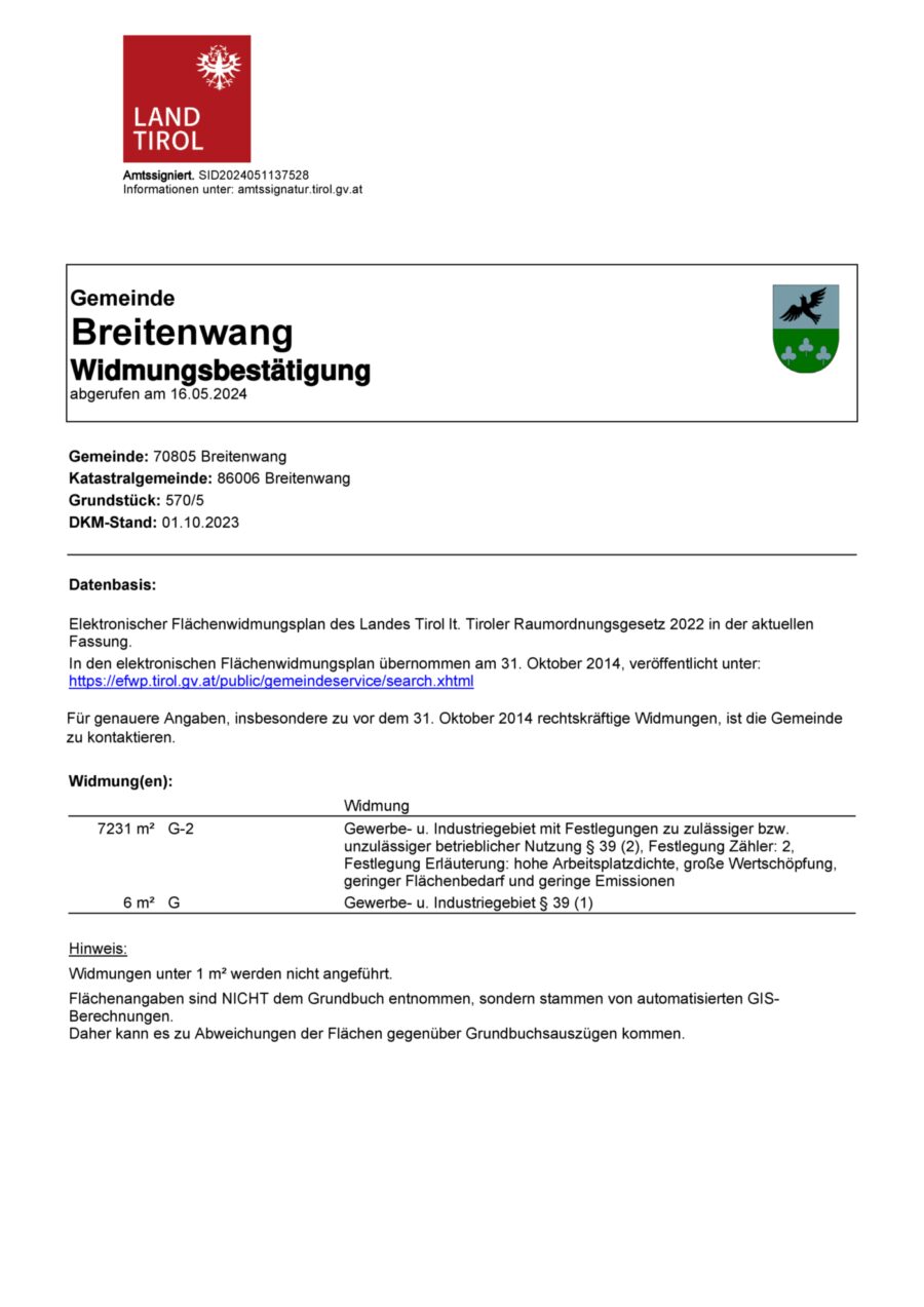 Über 11.500 m² Gewerbefläche in Reutte/ Breitenwang direkt an der B179 zu vergeben! – Widmungsbestätigung Gst. 570-5 — Seite 1 von 1
