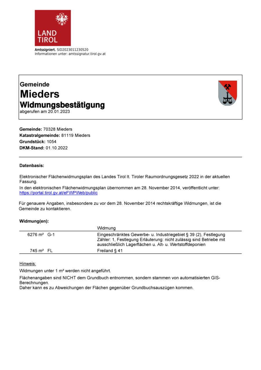 Variable Flächenvergabe! Gewerbegrundstück südlich von Innsbruck im Gewerbepark Mieders – Widmungsbestaetigung Gemeinde Gst. 1054 — Seite 1 von 1