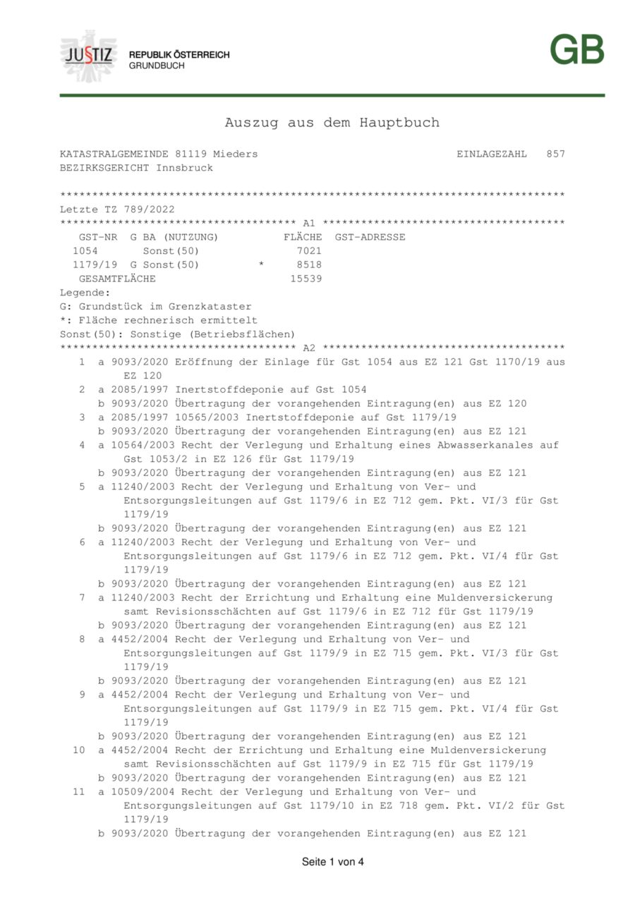 Variable Flächenvergabe! Gewerbegrundstück südlich von Innsbruck im Gewerbepark Mieders – GB Auszug — Seite 1 von 4