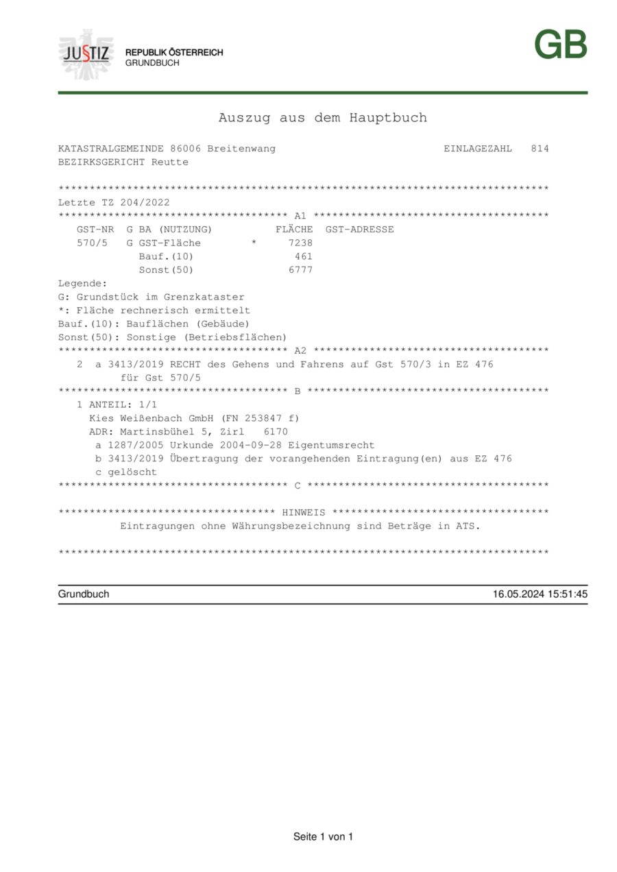Über 11.500 m² Gewerbefläche in Reutte/ Breitenwang direkt an der B179 zu vergeben! – GB-Auszug Gst. 570-5 — Seite 1 von 1