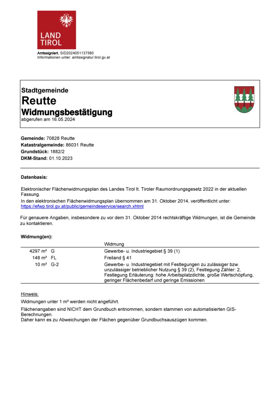 Über 11.500 m² Gewerbefläche in Reutte/ Breitenwang direkt an der B179 zu vergeben! – Widmungsbestätigung Gst. 1882-2 — Seite 1 von 1