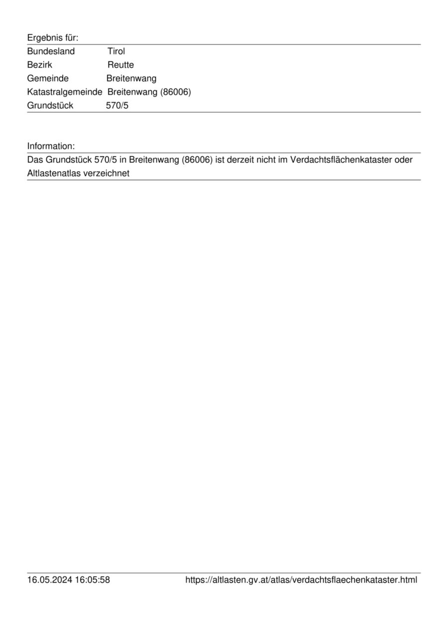 Über 11.500 m² Gewerbefläche in Reutte/ Breitenwang direkt an der B179 zu vergeben! – Verdachtsflächenkataster Gst. 570-5 — Seite 1 von 1