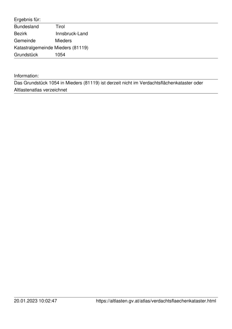 Variable Flächenvergabe! Gewerbegrundstück südlich von Innsbruck im Gewerbepark Mieders – Auszug Verdachtsflächenkataster — Seite 1 von 1